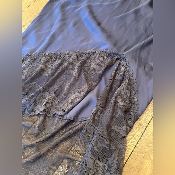 Free People Lace-Trim High-Low Satin Skirt in Navy - Picture 2 of 9